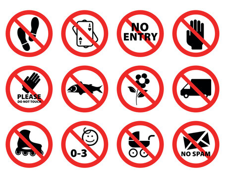 vector image set of 12 forbidden icons with red lines