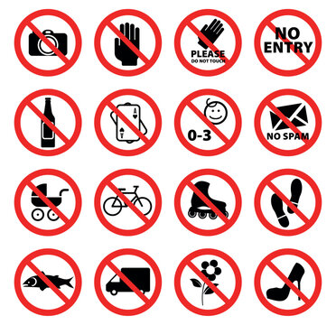 vector image set of 16 forbidden icons with red lines