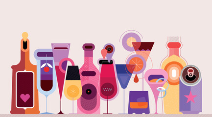 Alcohol Drink Bottles And Glasses. Collection of different bottles, cocktails and glasses of alcohol drinks. Flat design colour bottles and glasses is in a row on a white background, vector illustrati
