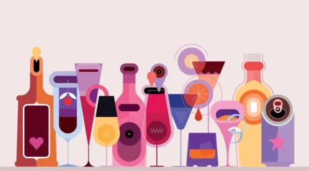 Crédence de cuisine en verre imprimé Art abstrait Alcohol Drink Bottles And Glasses.Collection of different bottles, cocktails and glasses of alcohol drinks. Flat vector design colour bottles and glasses is in a row on a white background.