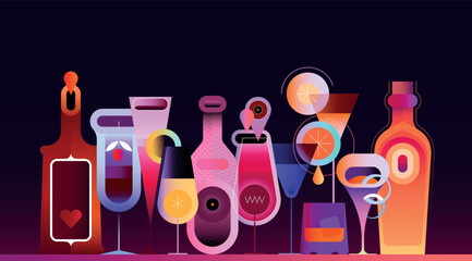 Collection of different bottles, cocktails and glasses of alcohol drinks. Flat design colour bottles and glasses is in a row on a dark background, vector illustration. 