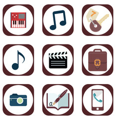 vector image set of 9 music and digital icons with yellow background and yellow border