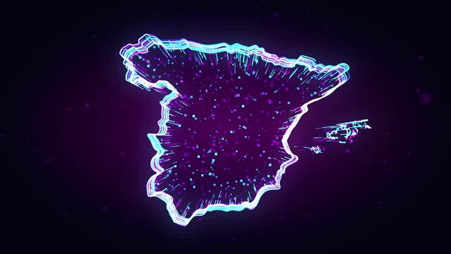 Purple Blue Shiny Spain Map 3d Lines Effect With Square Dots Particles Motion Reveal On Dark Purple Glitter Dust Background, 5-15 Sec Seamless Loop