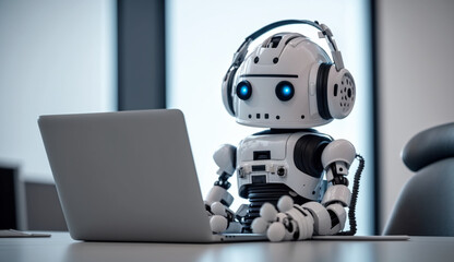 cute white artificial intelligence robot with a Laptop in the office room, office robot, working robot