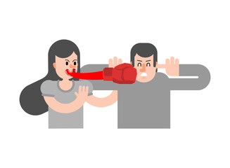 Couple quarrel. Tongue is like boxing glove. Hitting with words. Concept swearing and quarrel between lovers