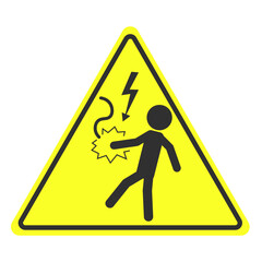 High voltage lightning triangle safety sign, black yellow electric danger electric power warning label isolated image with illustration man hold wired and electrocuted