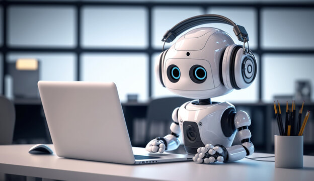 cute white artificial intelligence robot with a Laptop in the office room, office robot, working robot