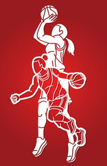 Group of Basketball Women Players Action Cartoon Sport Team Graphic Vector