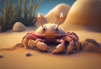 Fototapeta na wymiar Adorable crab cartoon on sandy shores (made with art tools). Generative AI