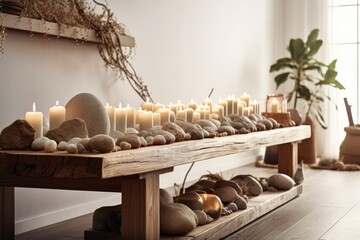 Fototapeta na wymiar Wooden antique tabletop or shelf with candles and stones, zen feeling, over bohemian living room with rattan furniture, white architectural interior design,. Generative AI