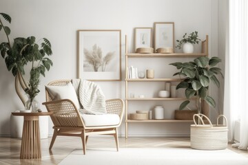 White mock up frame, wooden shelf, vintage chair, books, flowers in white vase, rattan basket, and stylish decorations in living room. Decoration. Template. Generative AI
