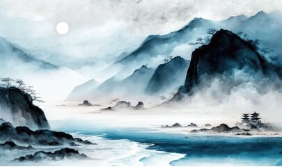 Fototapeta na wymiar Blue Misty Coastal Landscape in Traditional Oriental Ink Painting Style - Generative AI