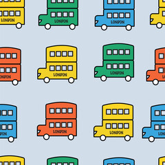 Seamless pattern with cute london bus hand draw. . Perfect for kids apparel, fabric, textile, nursery decoration, wrapping paper. Vector Illustration Design. Baby seamless pattern.