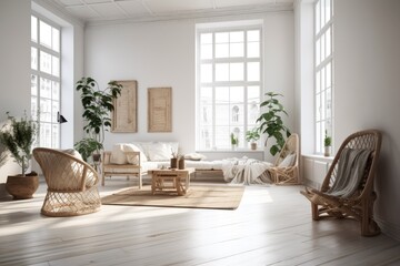 Fototapeta na wymiar Scandi Boho white decor, parquet floors. Generative AI