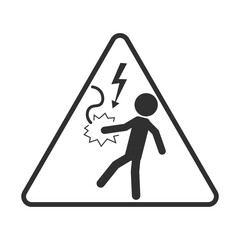 High voltage lightning triangle safety sign, black outline electric danger electric power warning label isolated image with illustration man hold wired and electrocuted