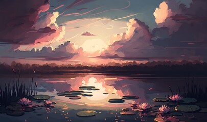 Fototapeta na wymiar A Beautiful Painting of Water Lilies in a Pond with a Stunning Sunset and Clouds in the Sky - Generative AI