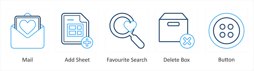 A set of 5 mix icons as mail, add sheet, favorite search