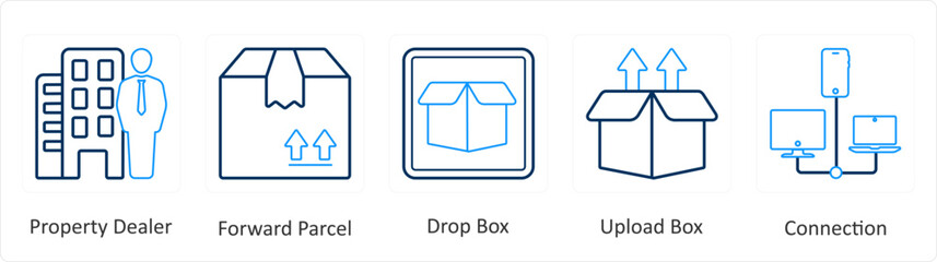A set of 5 mix icons as property dealer, forward parcel, drop box