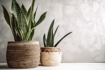 Sansevieria in straw container against white rustic wall. Modern bohemian bedroom. Wicker planter. Generative AI