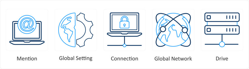 A set of 5 mix icons as mention, global setting, connection