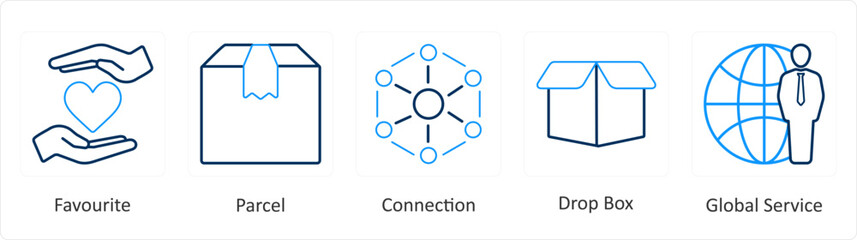 A set of 5 mix icons as favorite, parcel, connection, drop box