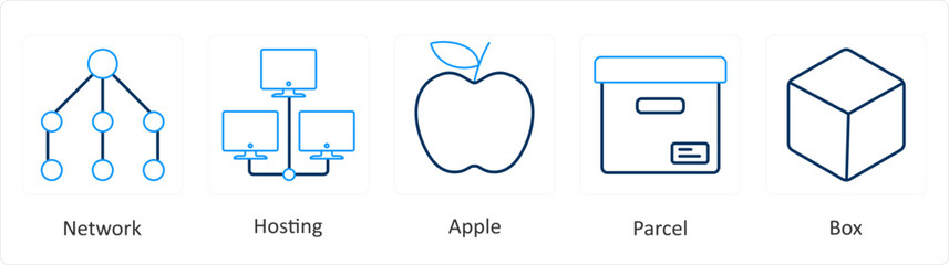 A set of 5 mix icons as network, hosting, apple