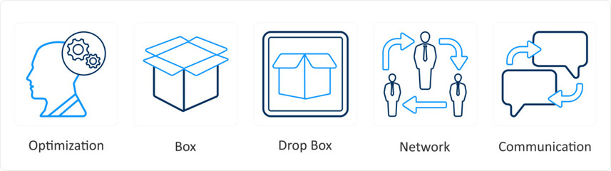 A set of 5 mix icons as optimization, box, drop box