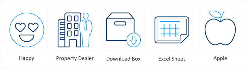 A set of 5 mix icons as happy, property dealer, download box