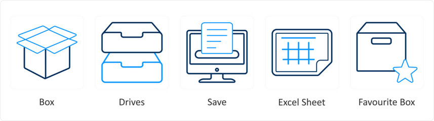 A set of 5 mix icons as box, drives, save, excel sheet