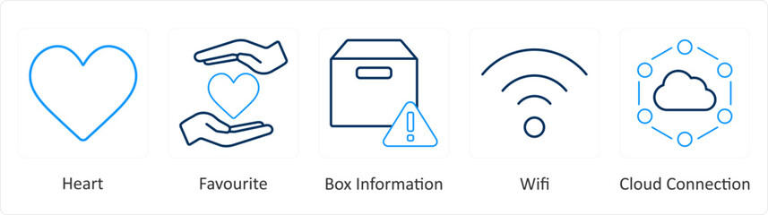 A set of 5 mix icons as heart, favorite, box information,