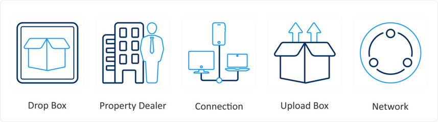 A set of 5 mix icons as drop box, property dealer, connection