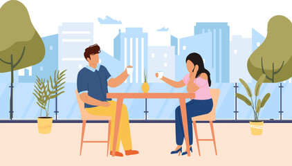 Couple people on love romance dating in outdoor cafe. Female and male cartoon characters sitting at table