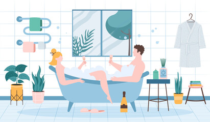 Couple, man and woman taking bath and drinking champagne. People in relaxing in bathroom with foam bubbles