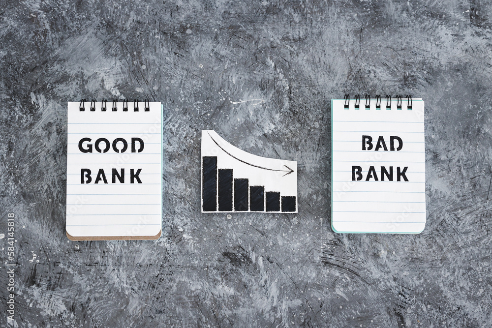 Wall mural good bank vs bad bank insolvency and closing down, notepad with text and graph showing negative stat