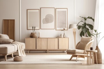 Modern beige living room with mock up poster frame, oak sideboard, and boho decorations. Template. Generative AI