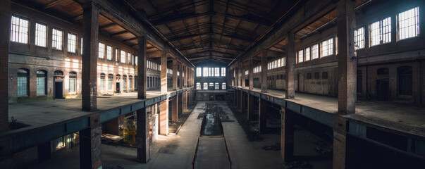Obraz premium Abandoned, empty warehouse or offloading dock facility. A red brick ware house with second story floors for offloading top loaded cargo. very attractive renovation material. Generative AI based. 