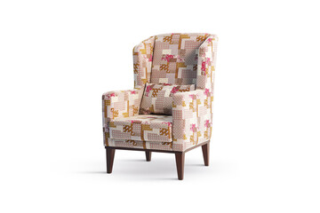 retro armchair with colorful fabric , isolated on a white background .