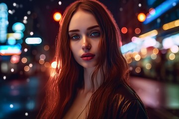 Fototapeta premium Young supermodel amidst a magical city backdrop of vibrant neon shop signs and glittering night lights. 
