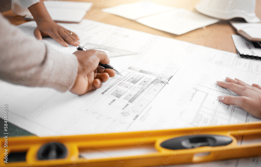 Poster hands, collaboration and planning with an architecture team working in their office on design from a