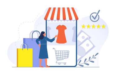 Girl do shopping online, choose clothes on web shop. Woman using mobile application to buy dress. Clothing store