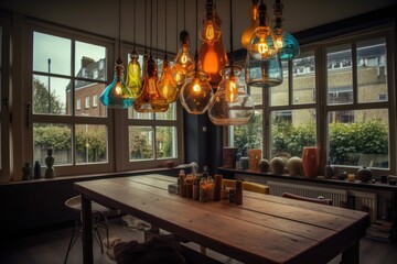Fototapeta na wymiar Strijp S, Eindhoven, Netherlands, city loft with antique glass lighting. A cozy, unique house with bohemian characteristics. Generative AI