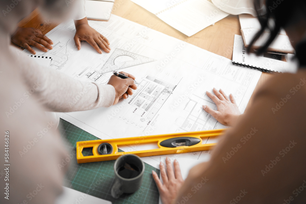 Aufkleber Hands, collaboration and construction with a building team working in their office on design from above. Teamwork, architecture or blueprint with an architect, designer and engineer at work together