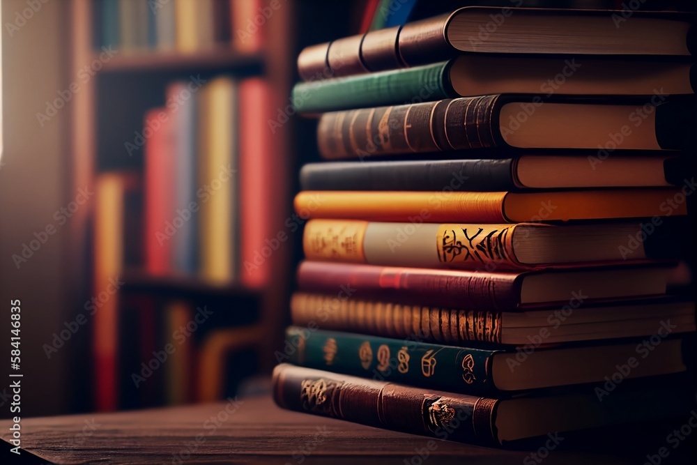 Poster education and knowledge: blurred stack of books on library shelf background