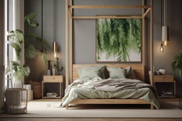 Modern bedroom with imitation poster frame, bamboo bed, night table, plants, folding screen, and imaginative home accessories. Eucalyptus. Template. Copies. Generative AI