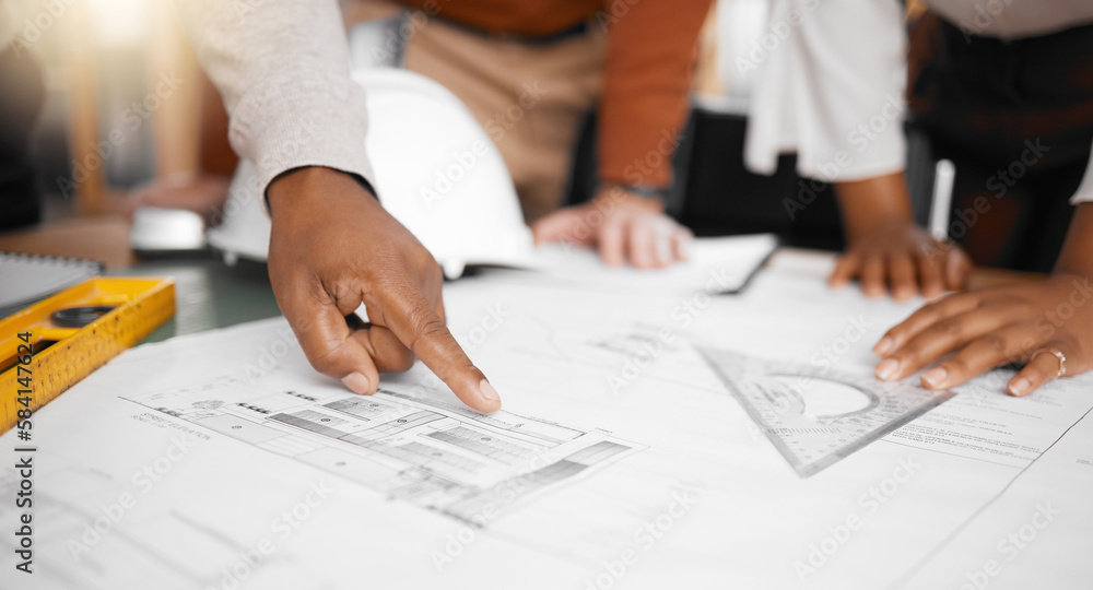 Poster Hands, collaboration and design with a building team working in their office on architecture from above. Teamwork, construction or blueprint with an architect, designer and engineer at work together
