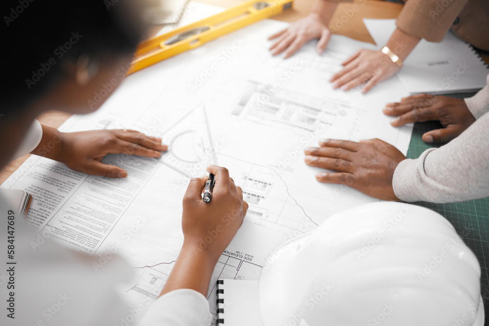 Aufkleber Hands, collaboration and architecture with a building team working in their office on design from above. Teamwork, construction or blueprint with an architect, designer and engineer at work together