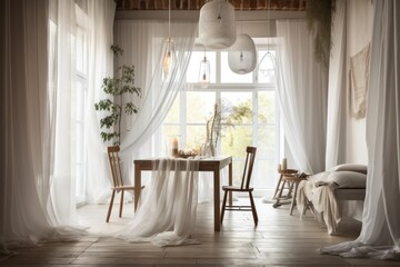 White drapes over bohemian dining area, table with boho seats, clipping path, vertical folds, soft tulle textile texture, stage idea with copy space,. Generative AI