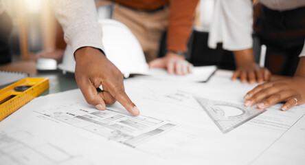 Hands, collaboration and design with a building team working in their office on architecture from...