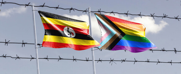 uganda LGBTQ flag. LGBT rights in Uganda Lesbian, gay, bisexual, and transgender (LGBT) persons in Uganda face legal challenges, active discrimination and stigmatisation not experienced by non-LGBT  - obrazy, fototapety, plakaty