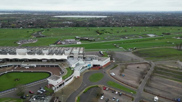 Sandown Park Racecourse Esher Surrey UK panning drone aerial 4K footage